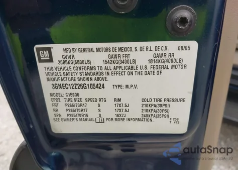 2006 Chevrolet Avalanche 1500 Z66 из США, поврежденный, VIN 3GNEC12Z26G105424